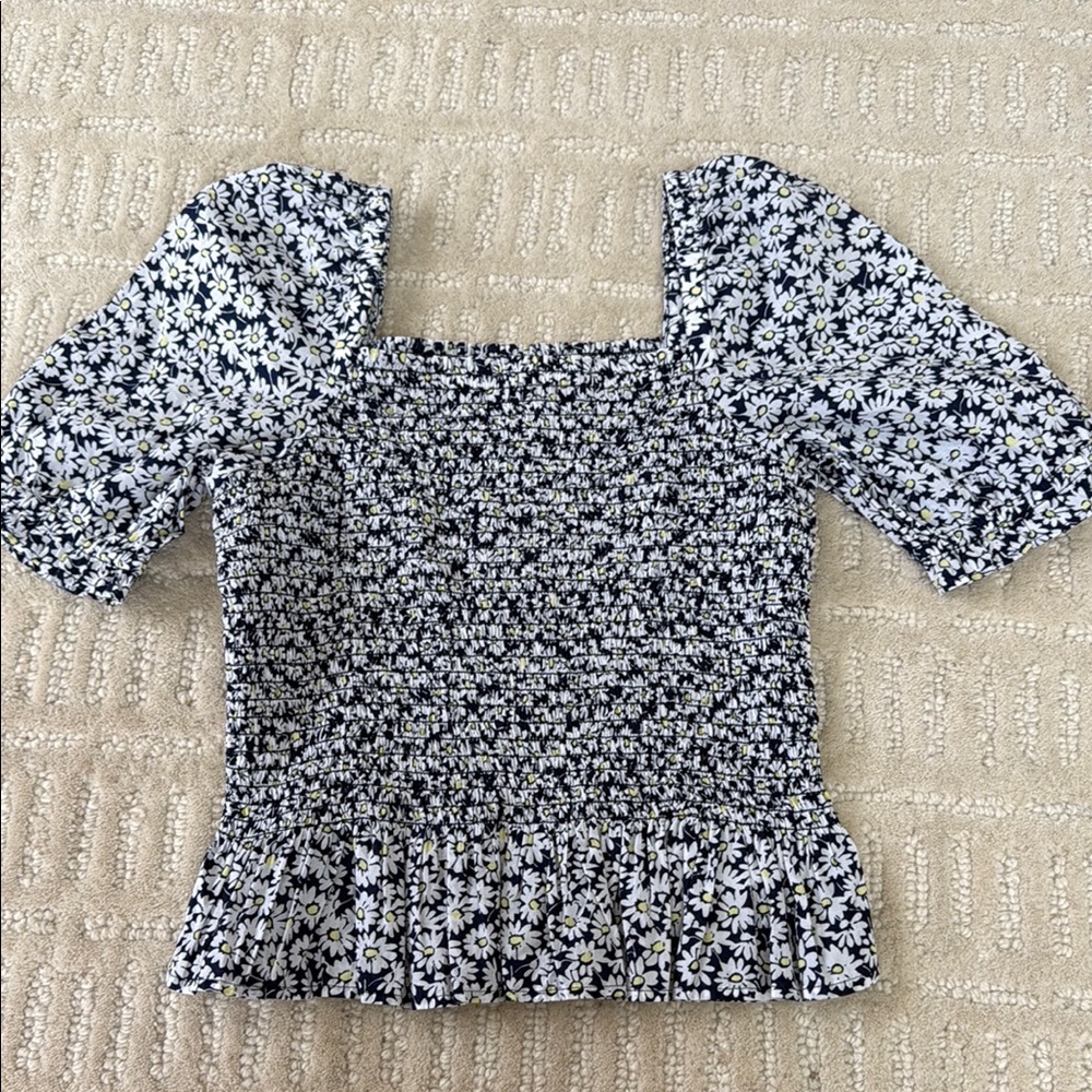 J. Crew Factory White and Blue Puff Sleeve Smocked Blouse